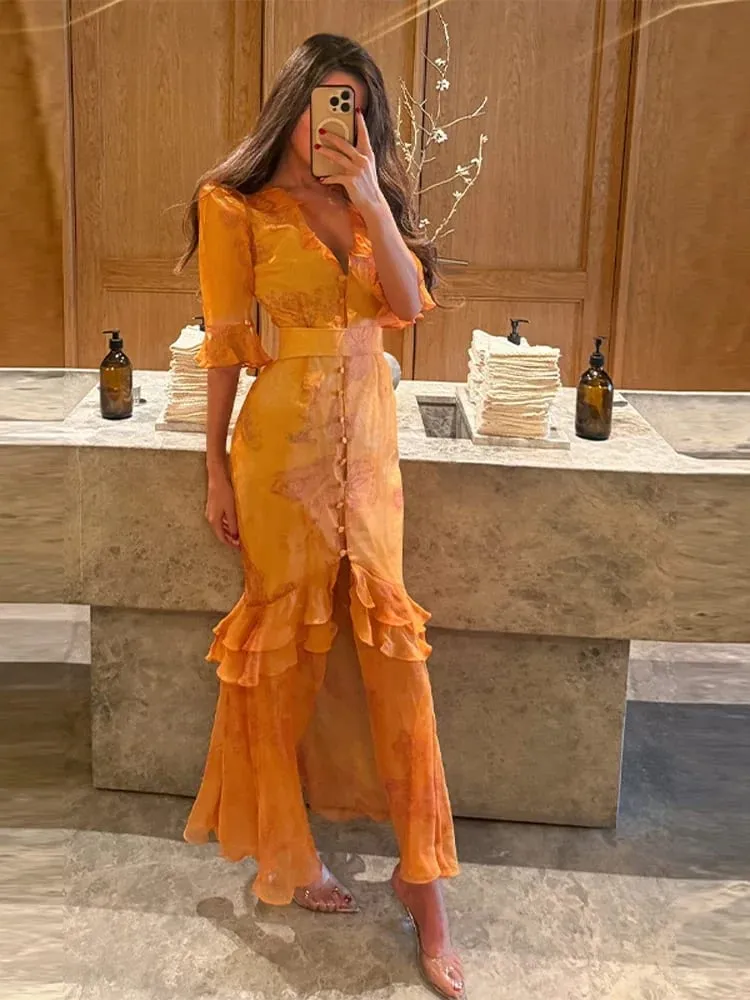 Floral Print Ruffle V Neck Waist Cinching Long Dresses Split Hem Single Breasted Maxi Dress 2026 Party Beach Vacation Vestidos — image 4