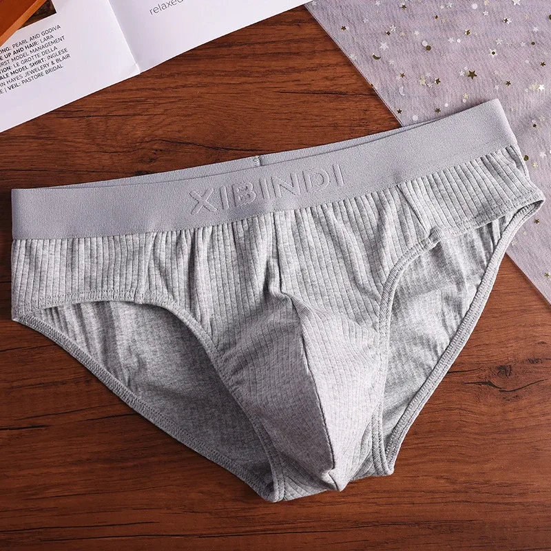 3-Piece Men's Cotton Ribbed Briefs Set - "XIBINDI" Embossed Waistband Underwear (Blue/Gray/Pink) — image 5