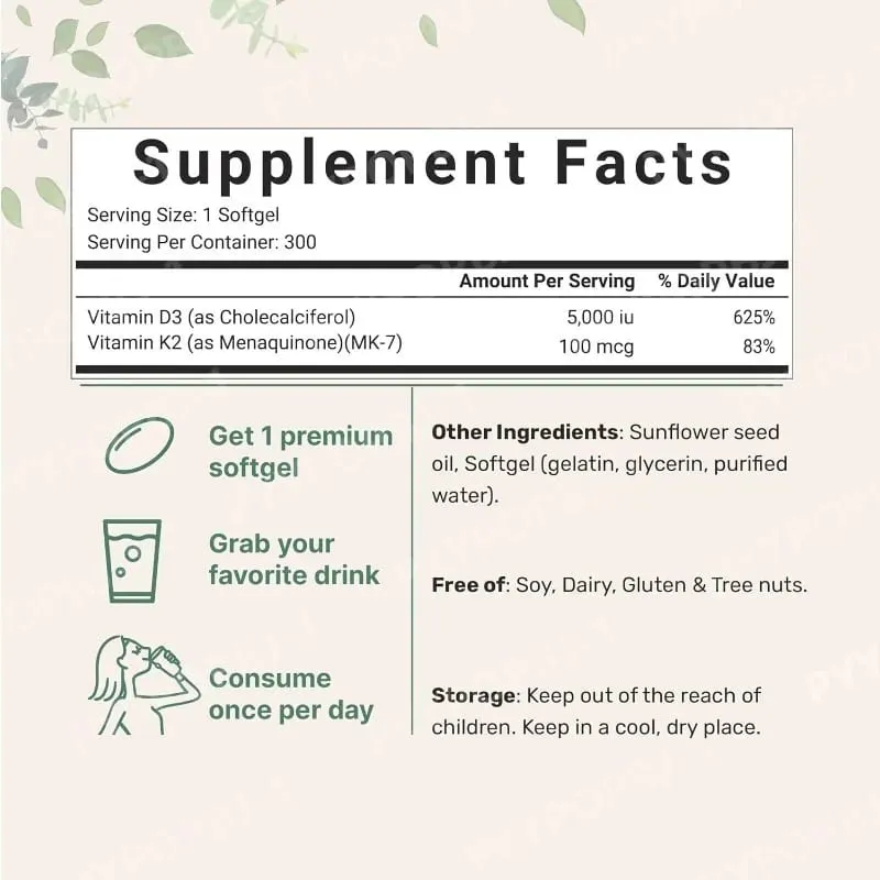 2-in-1 Vitamin D3+K2 Capsules with 5 000 IU D3 and 100mcg K2 180 Count Diet Supplement Maintain Daily Health & Enhance Immunity — image 6