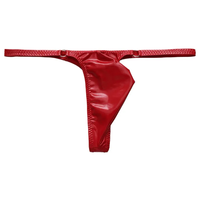 1pc Men Shiny Leather Waist With Metal Ring G-strings Thongs Gay Bulge Pouch Low Waist Stretchy Underwear Butt-Exposing Sexy