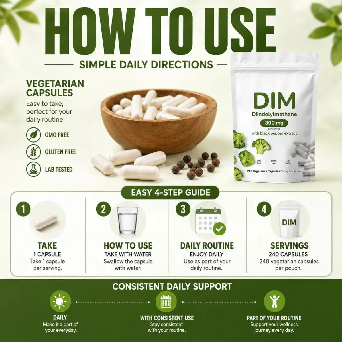 DIM Diindolylmethane Vegetarian Capsules with Black Pepper Extract GMO Free Gluten Free 240 Capsules — image 6