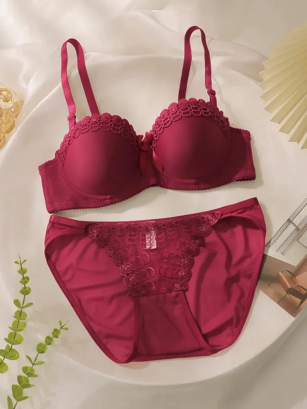 Women's Pink Lace Bra and Panty Set Push Up Underwire Bow Detail Lingerie 2026 — image 9
