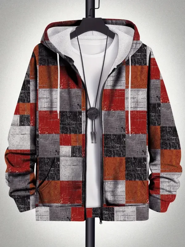 Retro Plaid Print Patchwork Zip Up Hoodie Men's Clothing Hot Style Long Sleeve Pullover Trend Streetwear Men Zip Up Hoodies — image 9