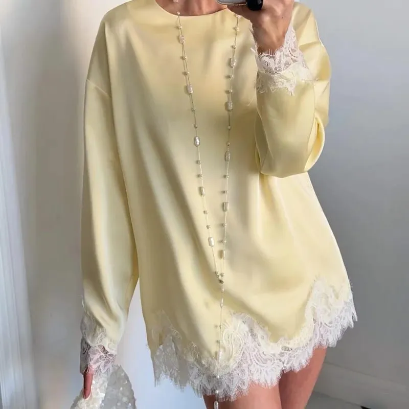 Satin Lace Patchwork Dress Women Long Sleeve O-neck Casual 2026 Spring Female Dresses Casual Solid Beach Robe Not Contain Pearls — image 11