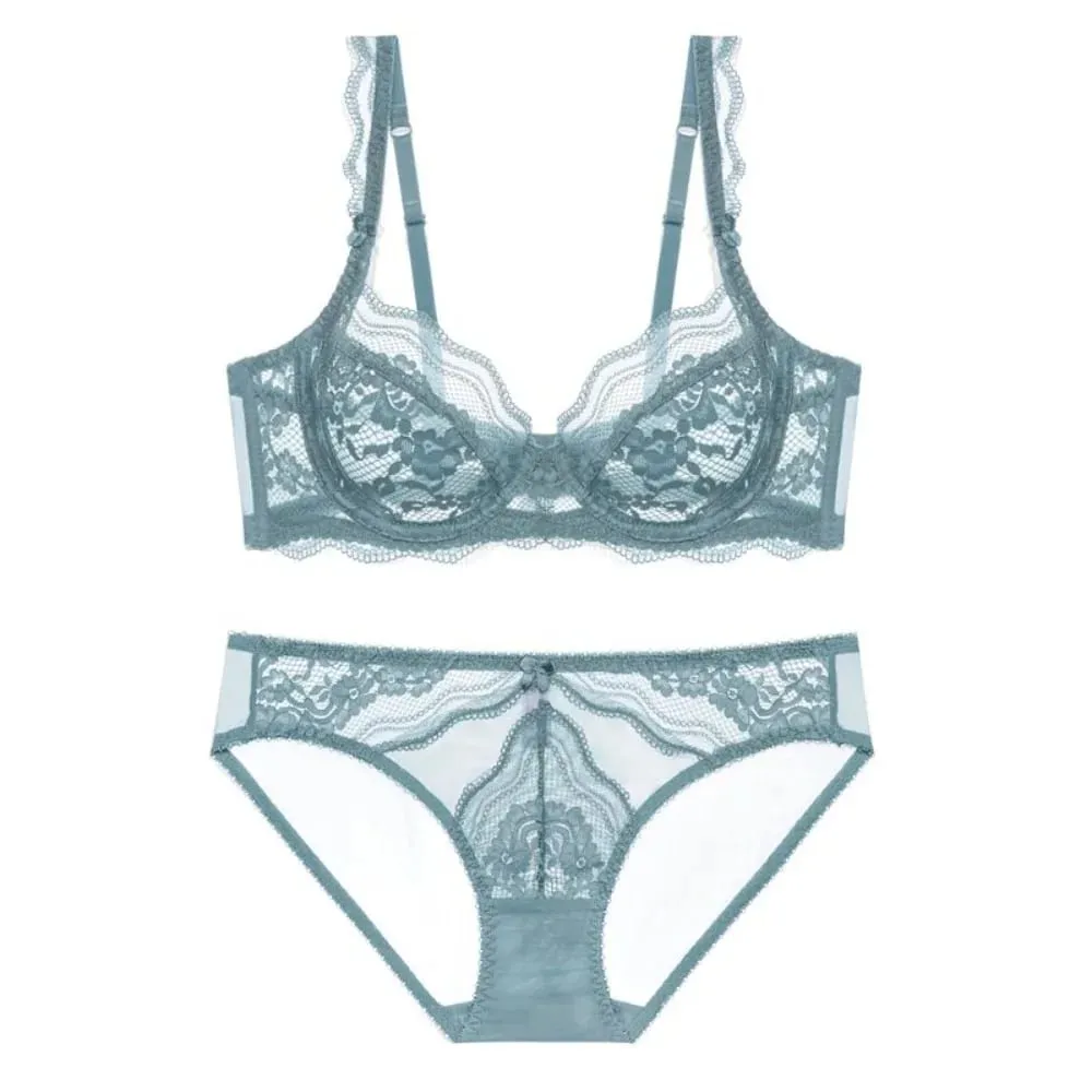 Plus Size Full Bust Minimizer Bra Set Sheer Floral Lace Thin Anti Sag Support Transparent Underwear Women Breathable Intimates — image 2
