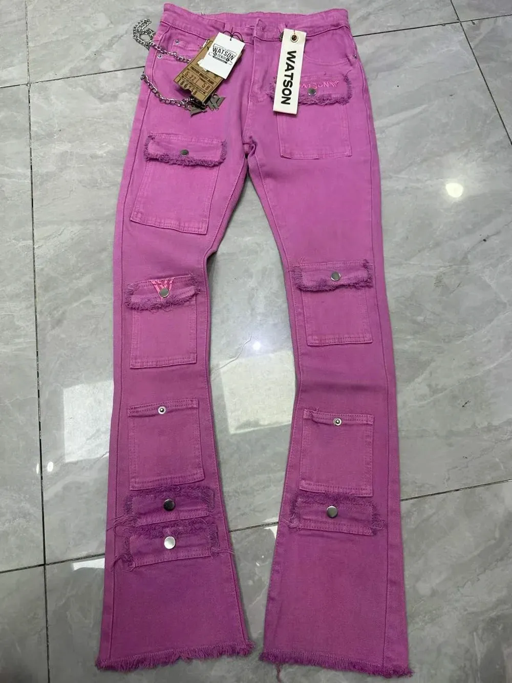 2026 Men's Multi-Pocket High Street Quality Slim Fit Skinny Long Denim Flared Men Yellow Red Pink Jeans Pants — image 3