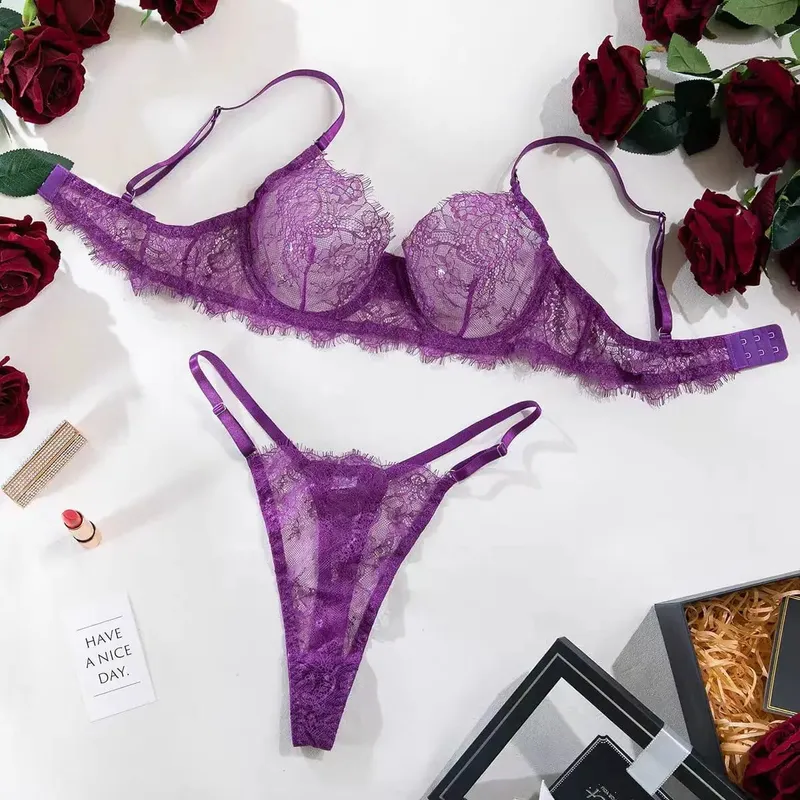 Sheer Lace Lingerie Set Women Floral Pattern Thin Straps Romantic Underwear — image 3