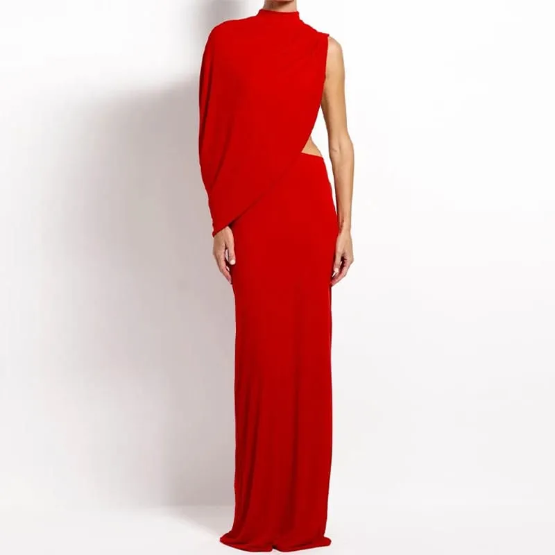 Vestido largo rojo asimétrico drapeado sin espalda, vestido de noche ajustado con cuello alto y un hombro para mujer, fiesta Formal — image 6