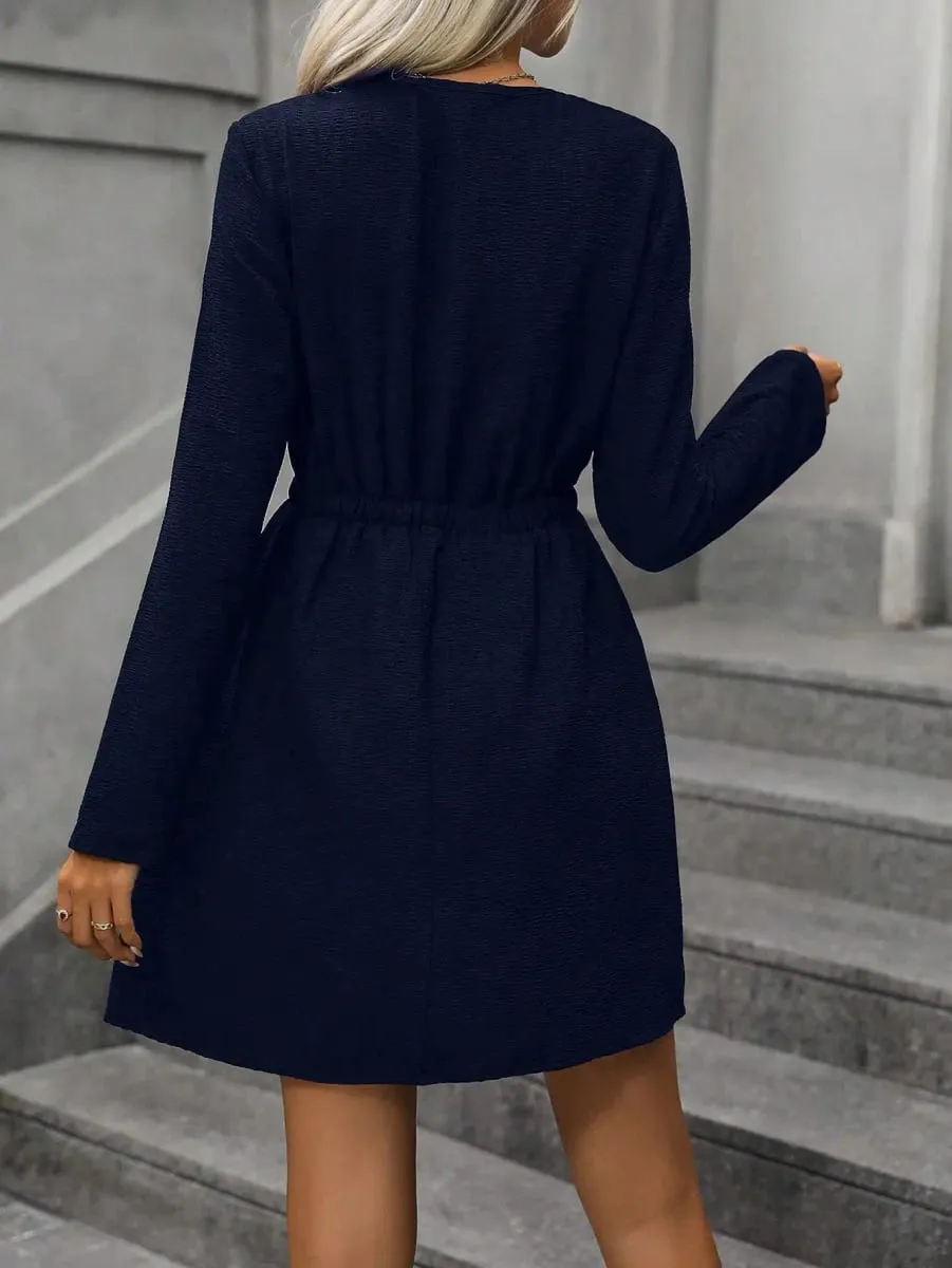 Women's Navy Blue Drawstring Waist Dress Casual Long Sleeve Button Down Shirt Dress V-Neck A-Line Mini Dress For Ladies — image 2