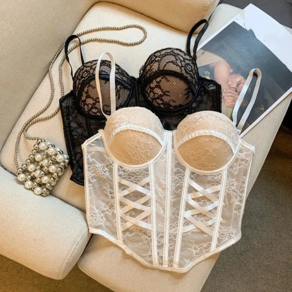 Mesh Flower Lace Corset Bottoming Shirt Spicy Girls Style Slim Lace Crop Top Fishbone Sleeveless Girl's Suspender Vest — image 6