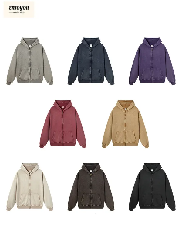 Retro Autumn Batik Washed Zipper Hoodie For Men Unisex Oversized Distressed 420gsm Terry 100% Cotton Hooded Coats HY0936 — image 23