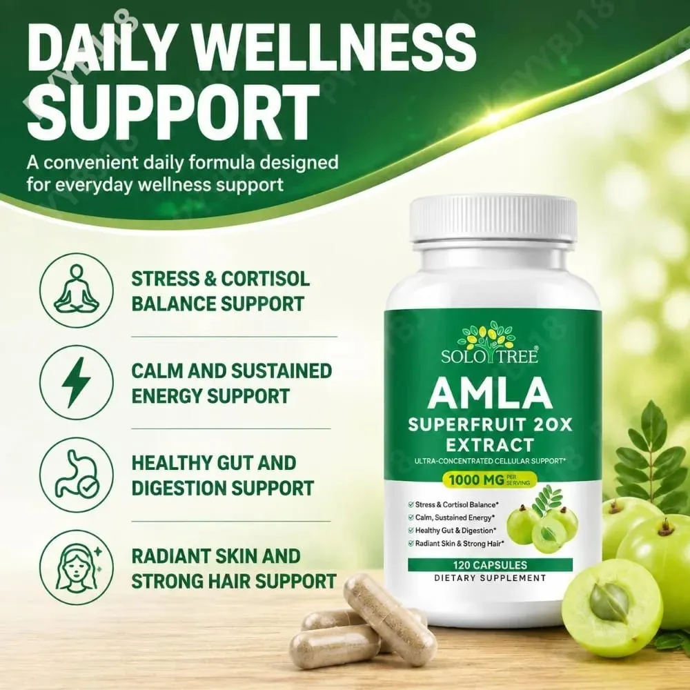 Amla Superfruit 20x Extract Capsules with Phyllanthus Emblica for Promotes Calm Energy Digestive Health Radiant Skin/Hair 120Ct — image 2
