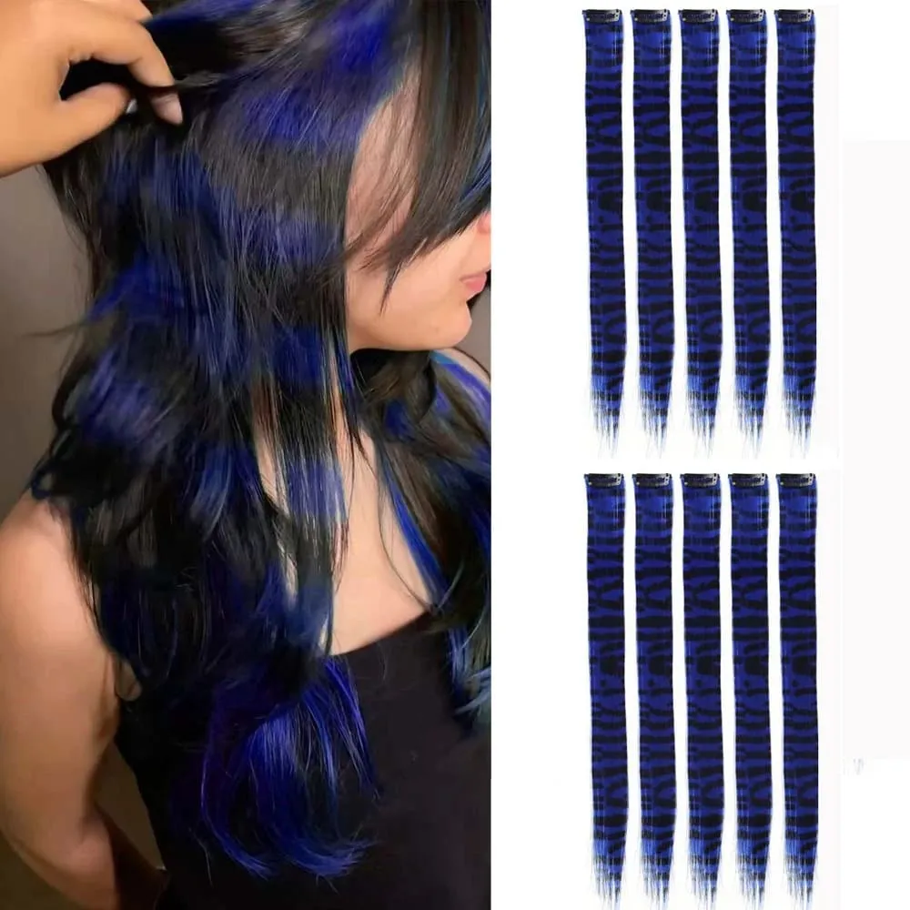 10pcs/set Stripe Printed Hair Colorful Long Straight Hair Pieces Synthetic Clip-in Hair Extensions for Daily Use Party Halloween — image 14