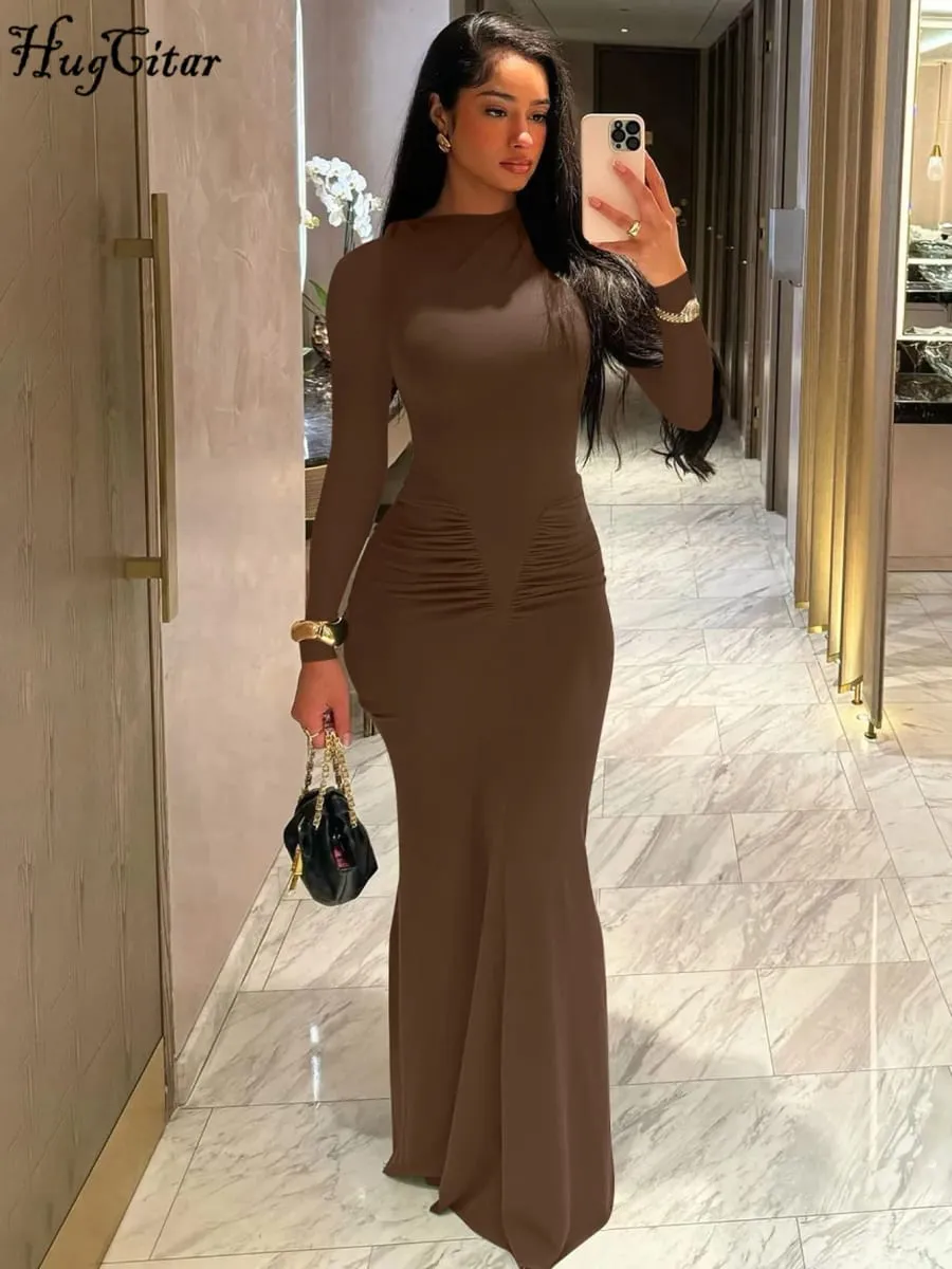 Hugcitar Musim Gugur Padat Lengan Panjang Terbungkus Bodycon Seksi Maxi Pakaian Prom Fesyen Wanita Y2K Pakaian Kelab Pesta Petang