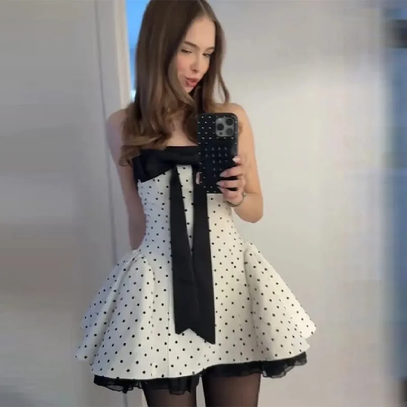 Sexy Strapless Backless Polka Dot Bow A Line Dress Chic Off Shoulder Party Birthday Vestidos Evening Nightclub Show Sweet Gowns