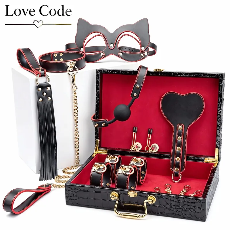 Genuine Leather BDSM Bondage Kits Sex Toys for Couples Handcuff Ankle Cuffs Collar Gag Hogtie Restraints SM Set Adult Love Games — image 2