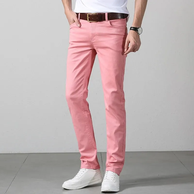 Elastic Cotton Slim Jeans Men Spring Korean Fashion Comfortable Casual Straight Leg Business Denim Trousers Yellow Pink Red