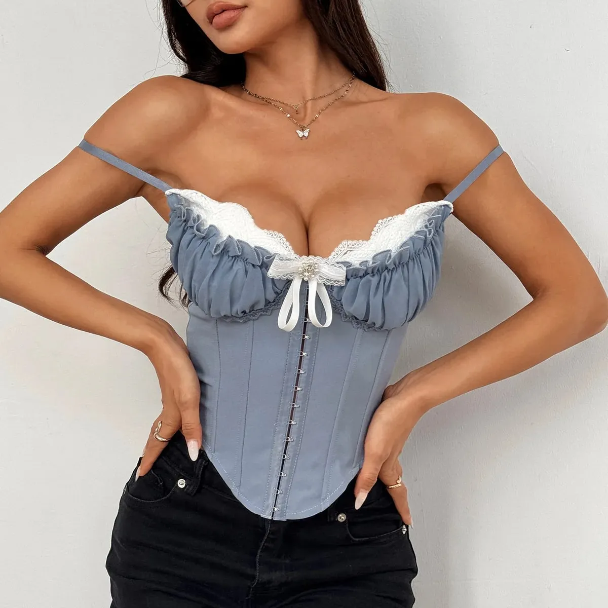 Sexy topy s výstřihem do V Y2K Crop Tops Krajka Patchwork Skládaný korzet s mašlí Sexy štíhlá košilka bez zad Tvar těla Rybí kost Prsatější — image 8