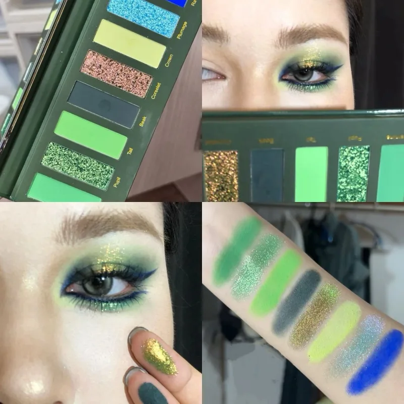 8-Color Smoked Green Eyeshadow Palette Metallic Blue Pearlescent Glitter Eye Shadow Plate Diamond Brightening Highlight Makeup