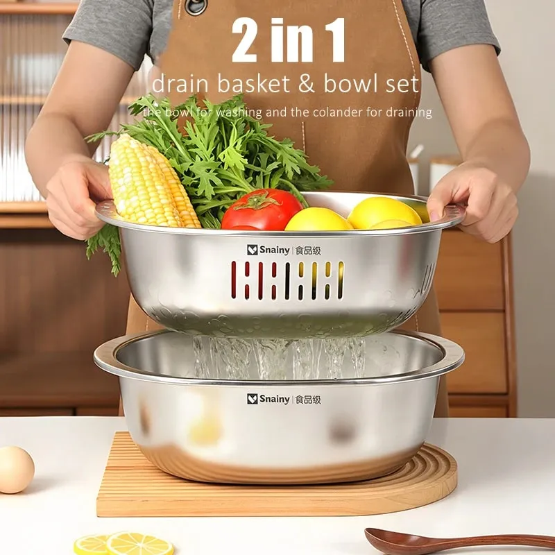 Food-grade Stainless Steel Basin and Colander Set Washing and Draining 2 in 1 Kitchen Accessories Ultrasonic Polishing Gadgets — image 3