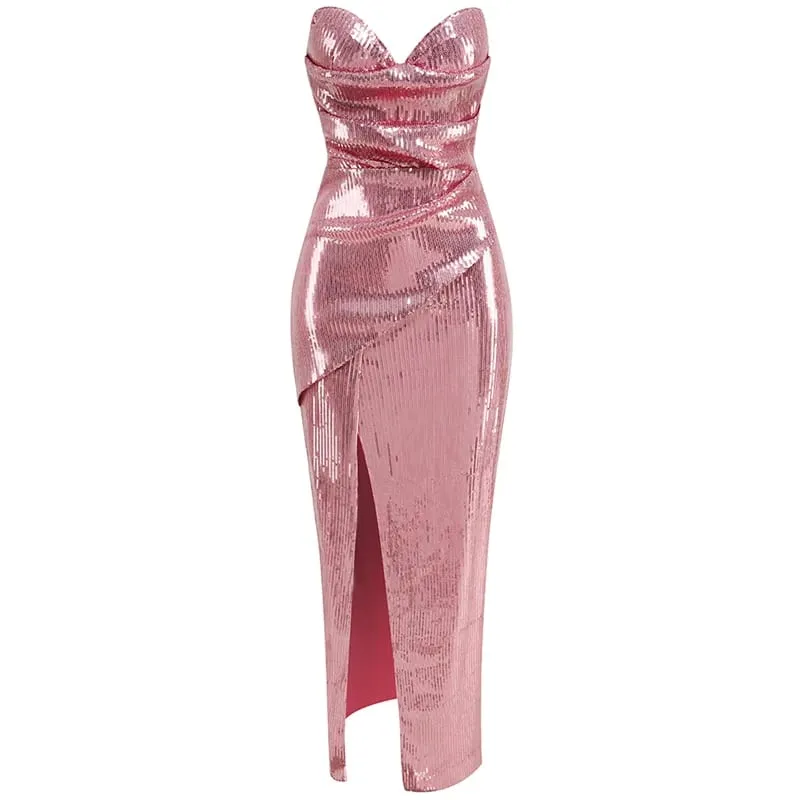 Sequined Strapless Evening Gown in Rose Color with a Thigh Slit Women's Sexy Sequin Open Back Lace Up Dress Long Style — image 4