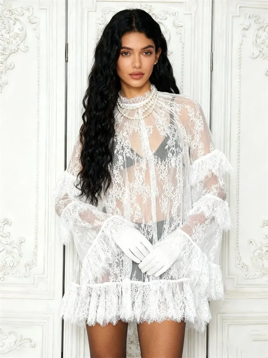 Women See Through Lace Dress Layered Flare Long Sleeve Crew Neck Ruffle Dress for Party Cocktail Club Dress Cover-ups — image 3