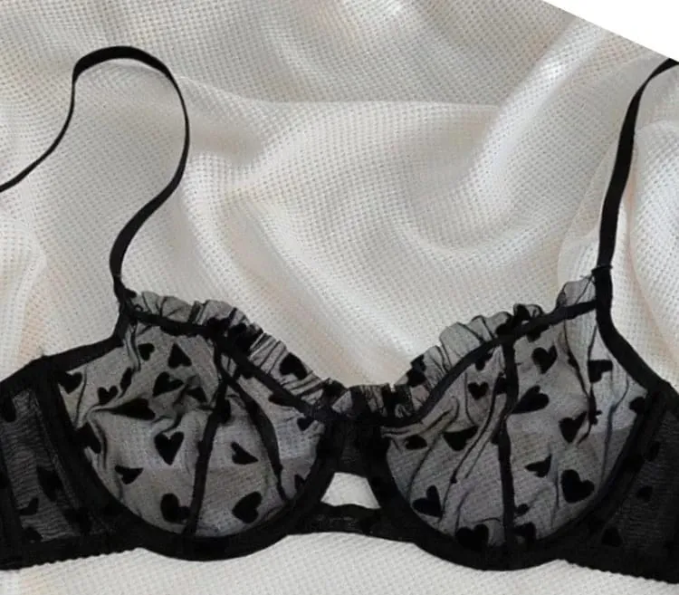 French Heart Print Transparent Lingerie Set Ultra Thin Underwire Bra Lace Sexy Push Up Gathering Small Breast Boost Hot Selling — image 14