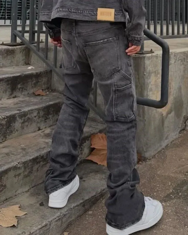 Bootcut Jeans Denim Pant Men Vintage Washed Distressed High Waist Cargo Trousers Y2k Streetwear Work Casual Spliced summer 2026 — image 3