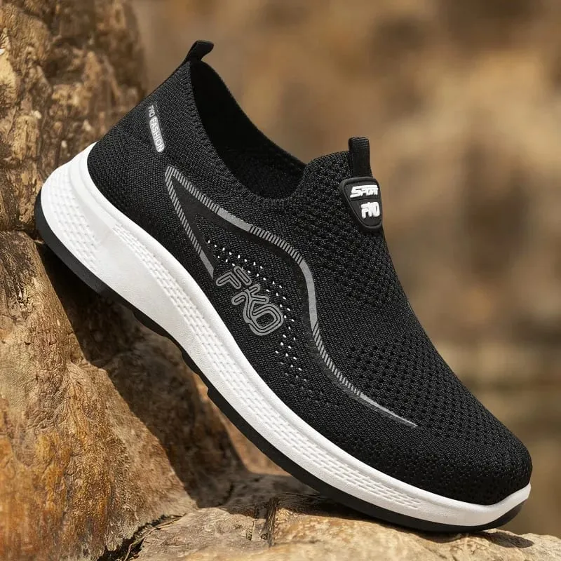 Men Slip‑on Flying Knit Sneakers Breathable Mesh Upper Lightweight Thick Sole Non‑slip Walking Casual Sports Shoes — image 1