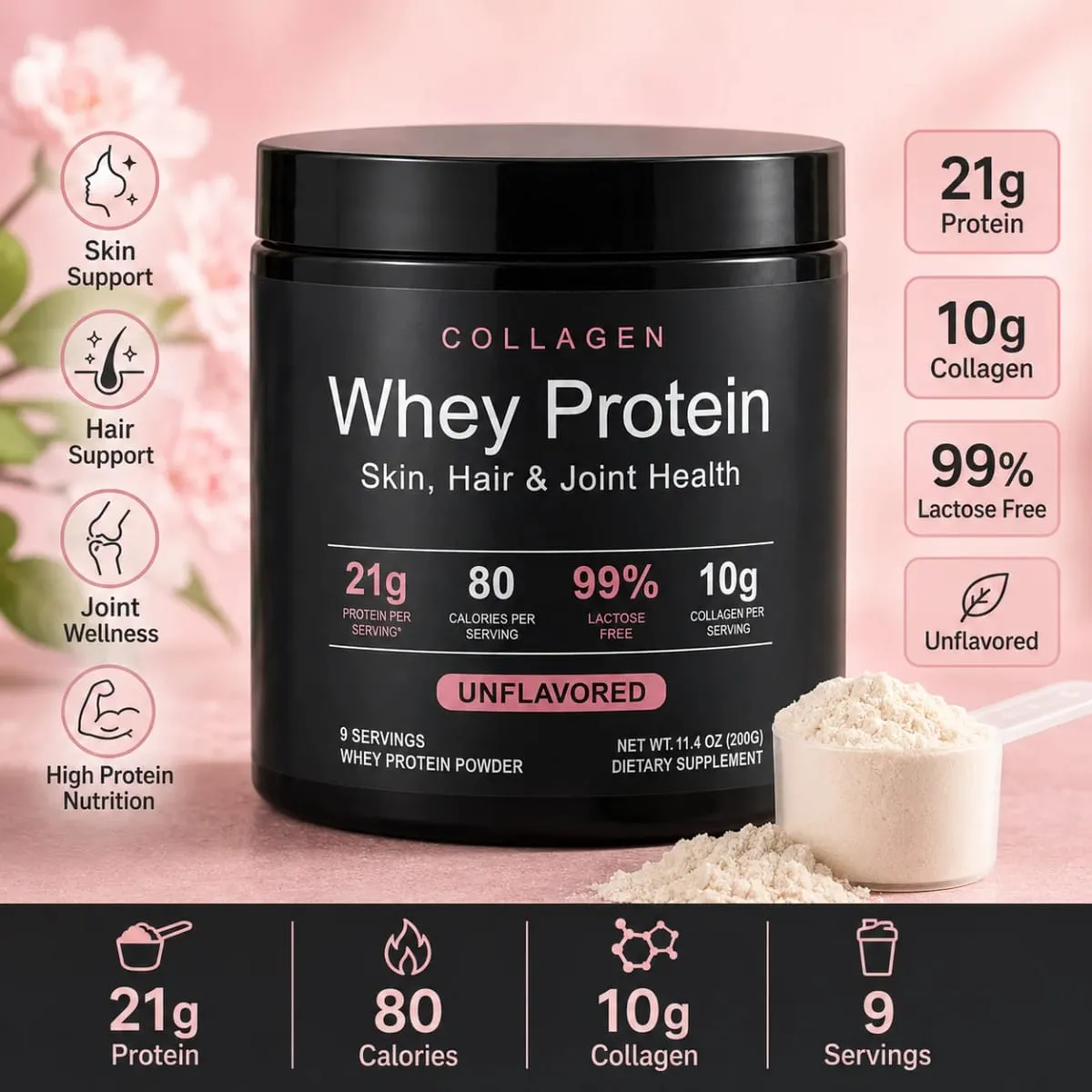 Collagen Whey Protein Powder 21g Protein 10g Collagen Peptides Unflavored 99% Lactose Free Fitness Nutrition Shake 9 Servings — image 2