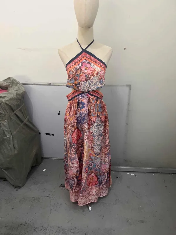 Floral Print Halter Dress Women Chic V-neck Sleeveless Backless Waist-cinching Maxi Dresses 2026 New Summer Lady Vacation Robes — image 9