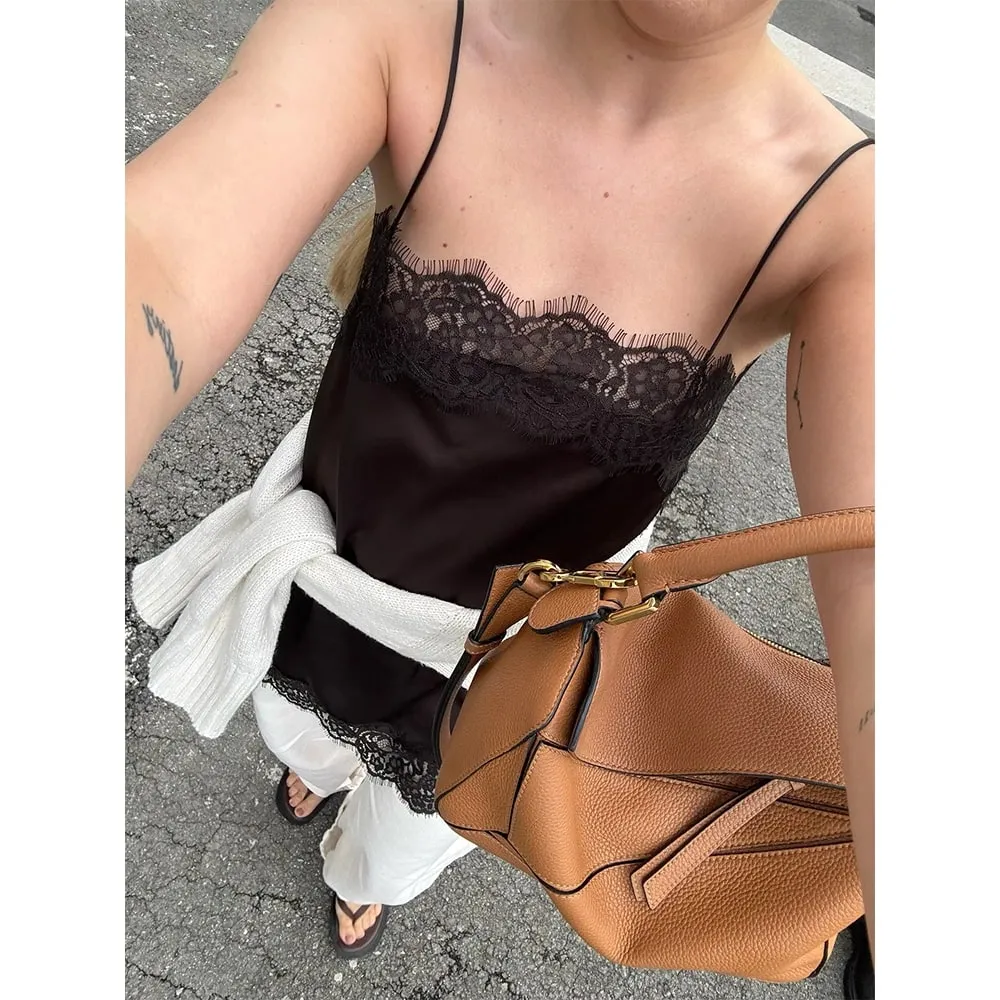 Vintage Sexy Floral Lace Satin Patchwork Camisole for Women Boho y2k Solid Sleeveless Backless Beach Chic Tops Cropped