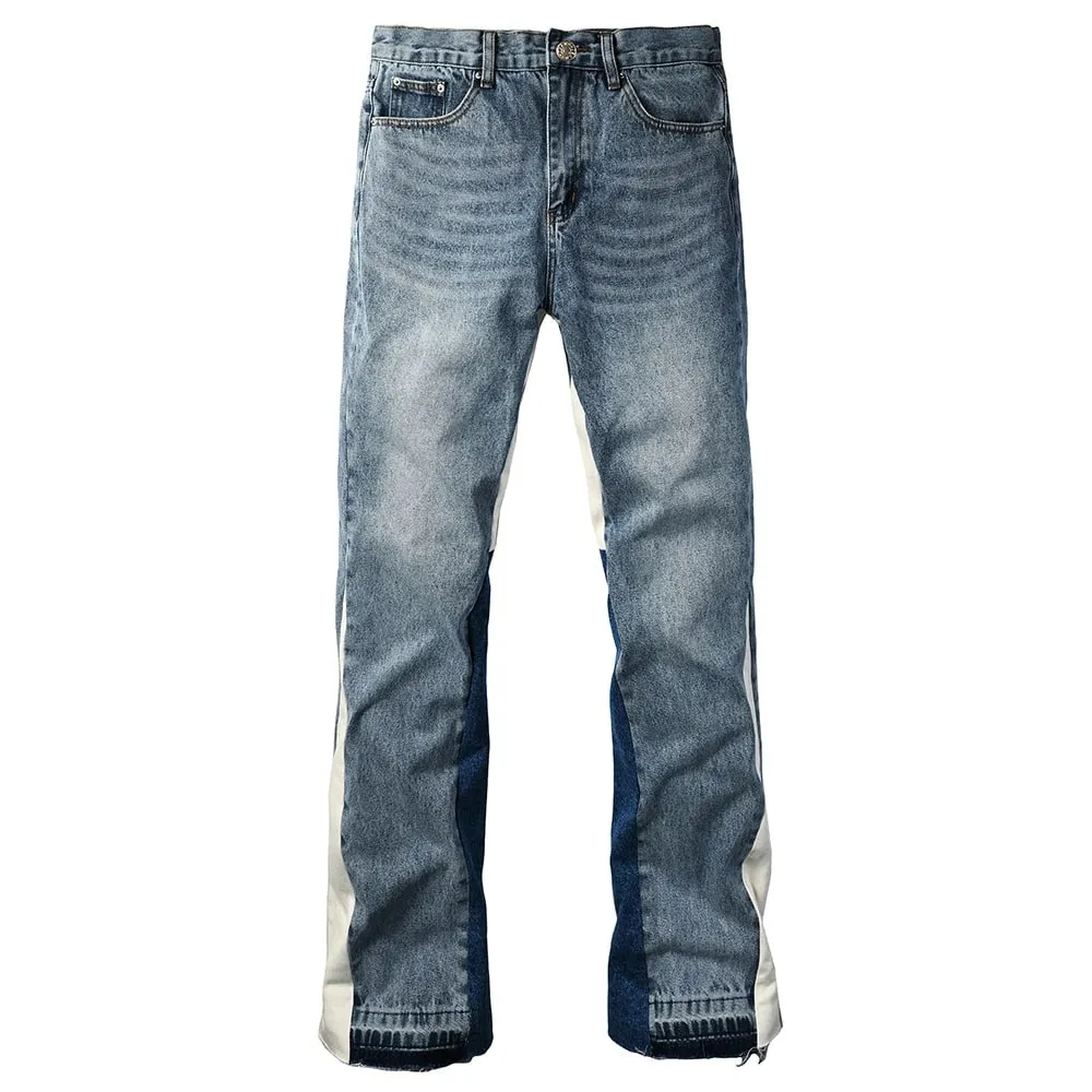 Men Spliced Flared Denim Jeans Patchwork Boot Cut Pants Streetwear Contrast Color Released Hem Blue Trousers