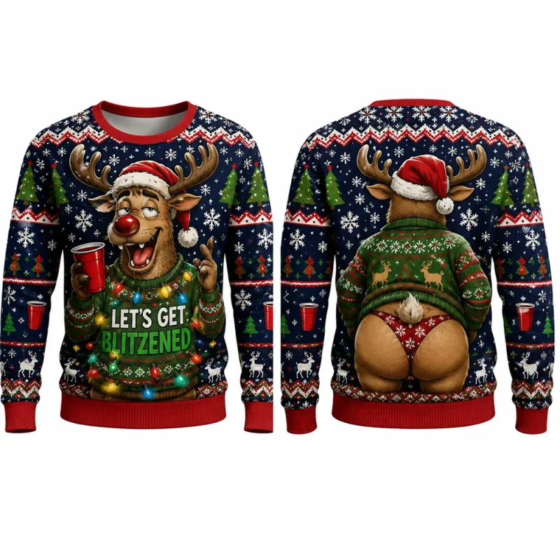 Lets Get Blitzened Reindeer Christmas Sweatshirt 3D Print Crewneck Unisex New Funny Ugly Xmas Party Holiday Jumper Autumn Wear — image 2