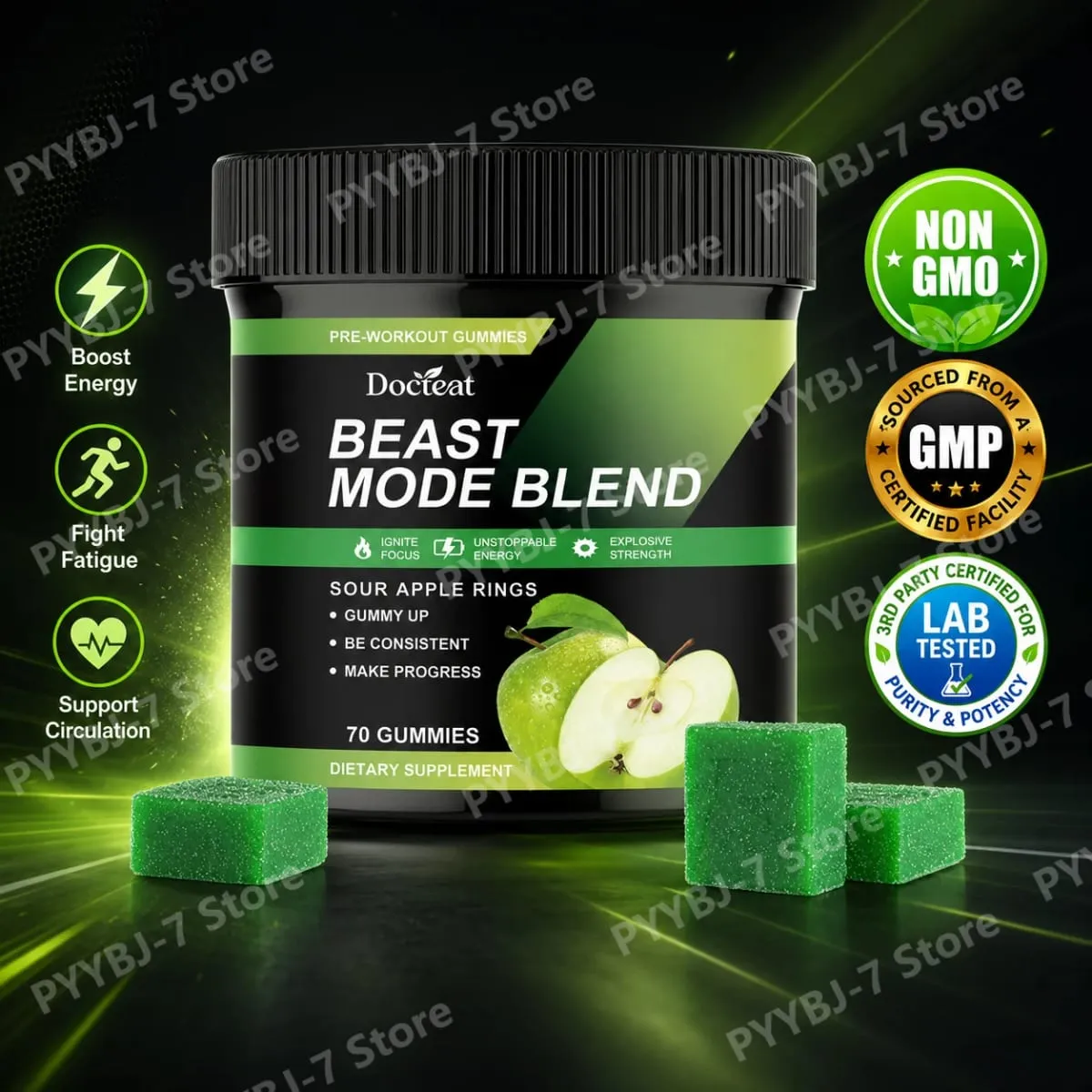 Pre Workout Energy Gummies with Caffeine Taurine Rhodiola Rosea CoQ10 & B Vitamins Supports Workout Focus Energy Strength 70 Ct — image 1
