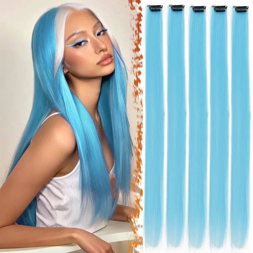 Synthetic Colorful 5pcs/set Clip Hair Extensions High Temperature Long Straight Hairpieces for Women Daily Party Use — image 8