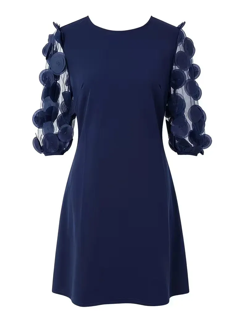 Women Elegant Round Neck Half Sleeve Cocktail Party Tunic Solid Color Loose skater Mini Dress — image 3