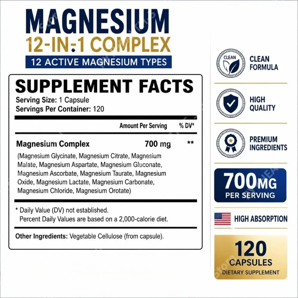 Magnesium 12-in-1 Complex Capsules 700mg Vegan Non-GMO Gluten-Free Supports Daily Nutrition & Relaxation 120 Count — image 4
