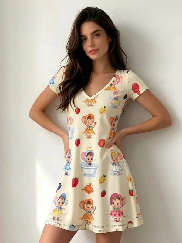 Womens V Neck Short Sleeve Floral Print A Line Dress Relaxed Fit Summer Mini Dress for Everyday Style Travel Holidays and Events — image 7