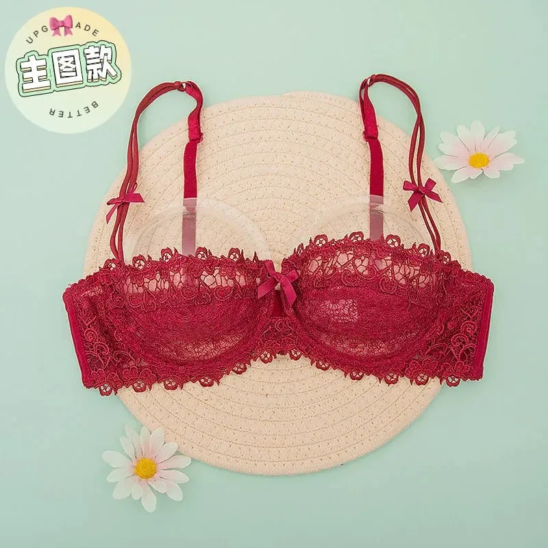 Sexy Lace Bra Set Women Plus Size Sheer Half Cup Push Up Lingerie Ultra Thin Transparent Concealed Nipple Underwear Hot — image 9
