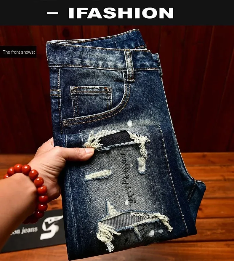 High end nostalgic jeans for men slim fit with small holes patches scraped inkjet street trend elastic retro denim pants