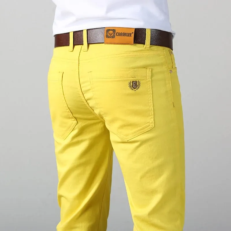 Elastic Cotton Slim Jeans Men Spring Korean Fashion Comfortable Casual Straight Leg Business Denim Trousers Yellow Pink Red — image 3
