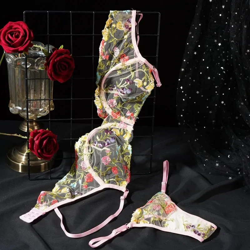 Women's New Sexy Embroidered Floral Lingerie Set Single-Layer Underwire Bra Thong Pants Hollow Transparent Out Lingerie Set — image 5