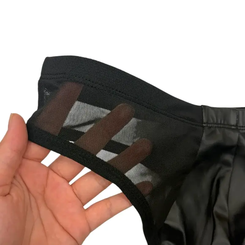 Sexy Men Low Rise Triangle Underwear PU Leather Front Spliced Breathable Mesh Sides Transparent T-back Briefs — image 4