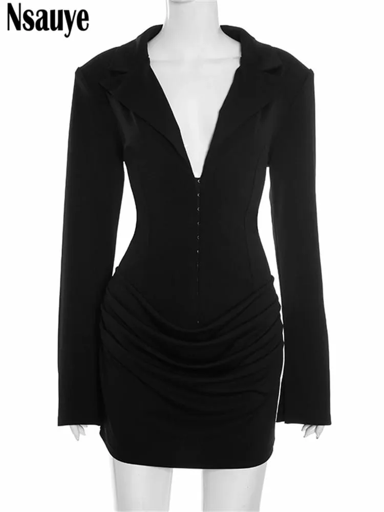 Nsauye Elegant Evening Short Dress Women Fall Long Sleeve Sexy Fashion Night Club Party White Mini Wrap Corset Dress 2025 Winter — image 5