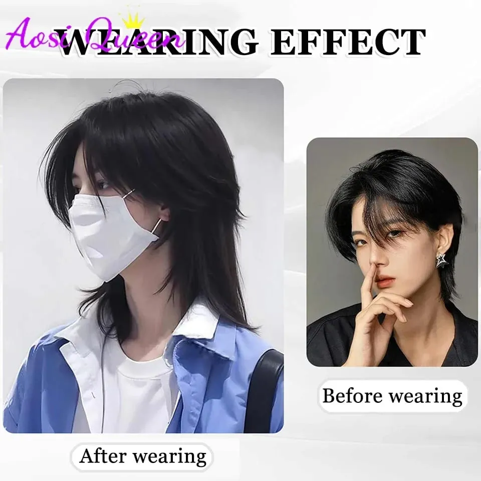 Synthetic Short Light Natural Men's One-piece Korean Style Invisible Wolf Tail Mullet Wig Extensions — image 3
