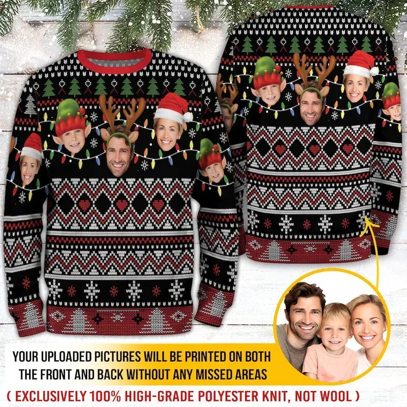 Peribadikan Foto Anda Cetakan 3D Sweater Krismas Hodoh Pakaian Seluar Wajah Keluarga DIY Baju Baju Imej Lucu Hadiah Xmas Peribadi Uniseks — image 2