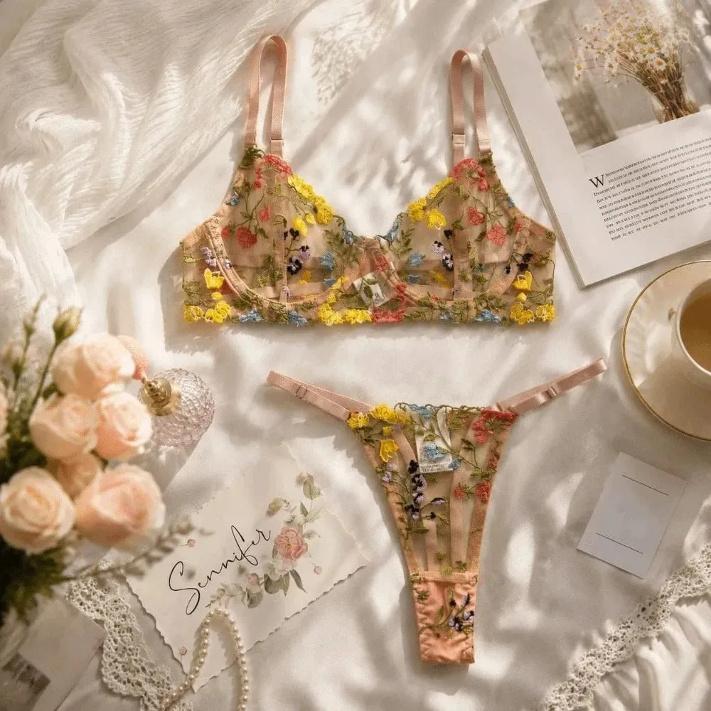 Sheer Intimates Transparent Lingerie Set Push Up Ultra-thin Embroidery Floral Underwear Elegant Bra Suit Honeymoon — image 4