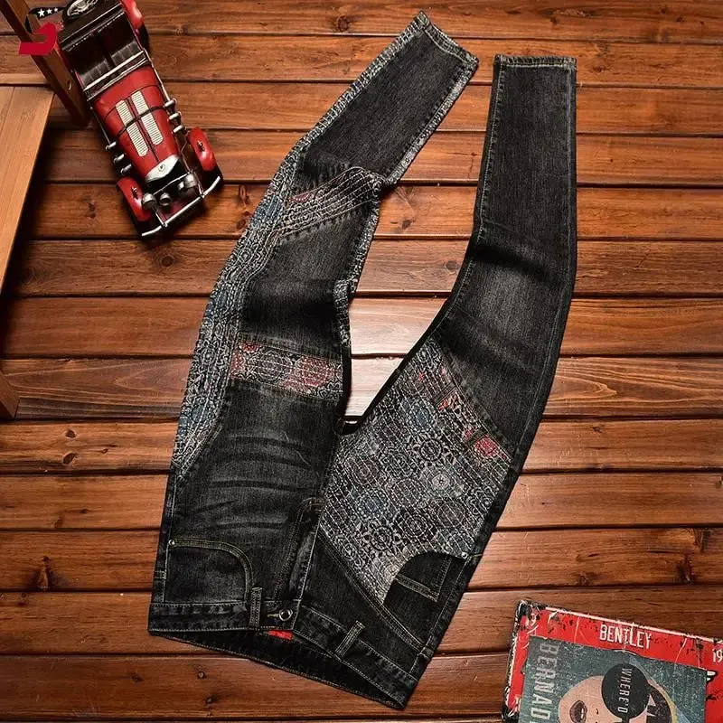 Stitching Embroidered Jeans Men's Contrast Color Fashion Stretch Slim Fit Skinny Personality Trend Fashion Motorcycle Trousers — image 2