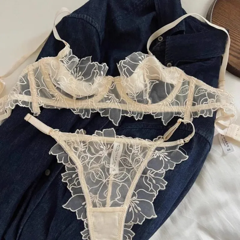 kuclut Lightweight Bra Set Soft Underwire for Lift and Support Prevents Sagging Exquisite Embroidered Lingerie Two-Piece Set